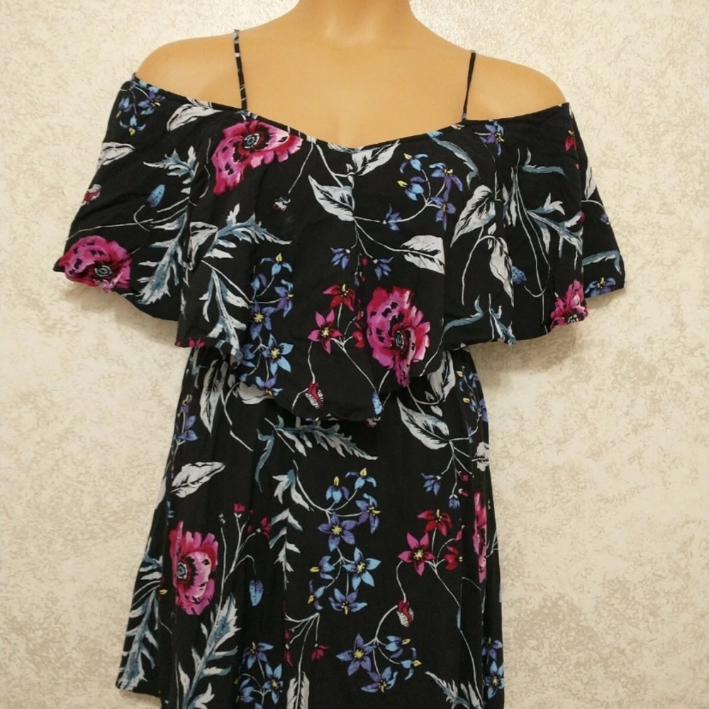 Express Black and Pink Floral Off-Shoulder Midi Dress